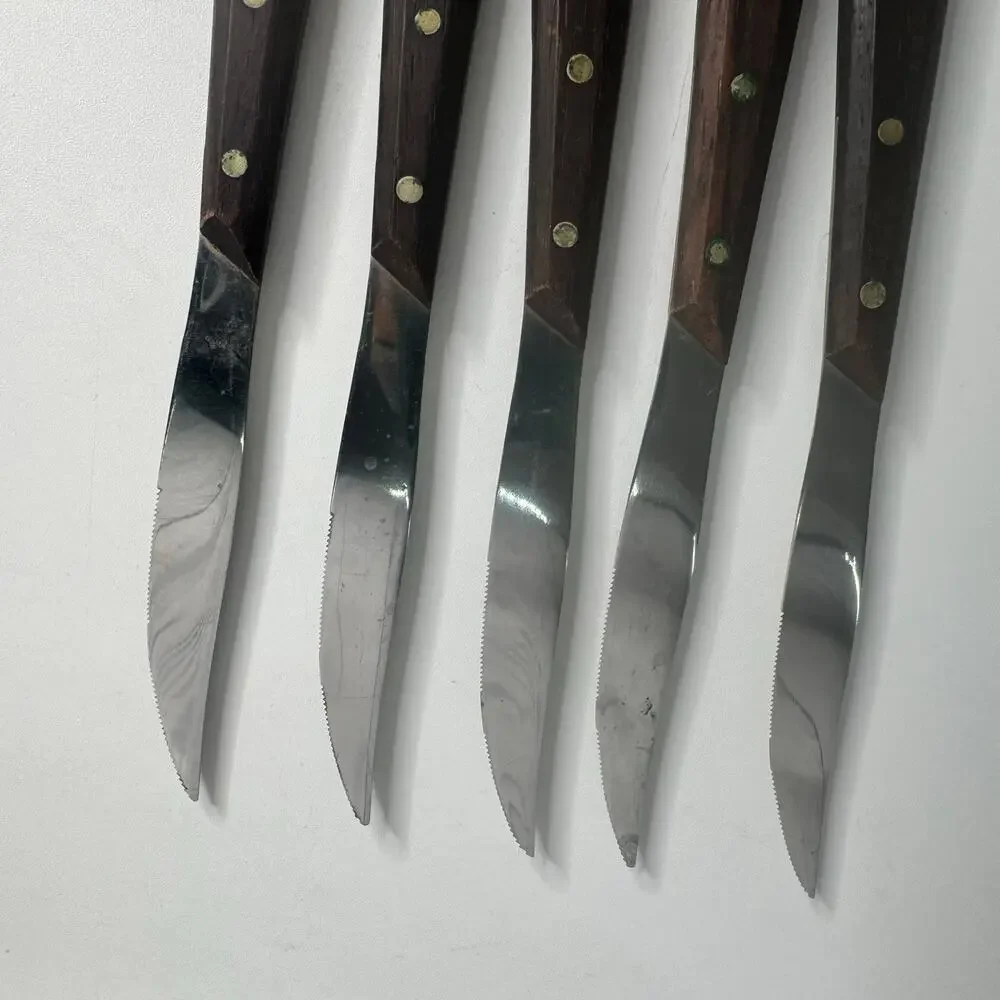 Vintage Russell Dinner Steak Knives Stainless Wooden MCM Rivets  Set of 5